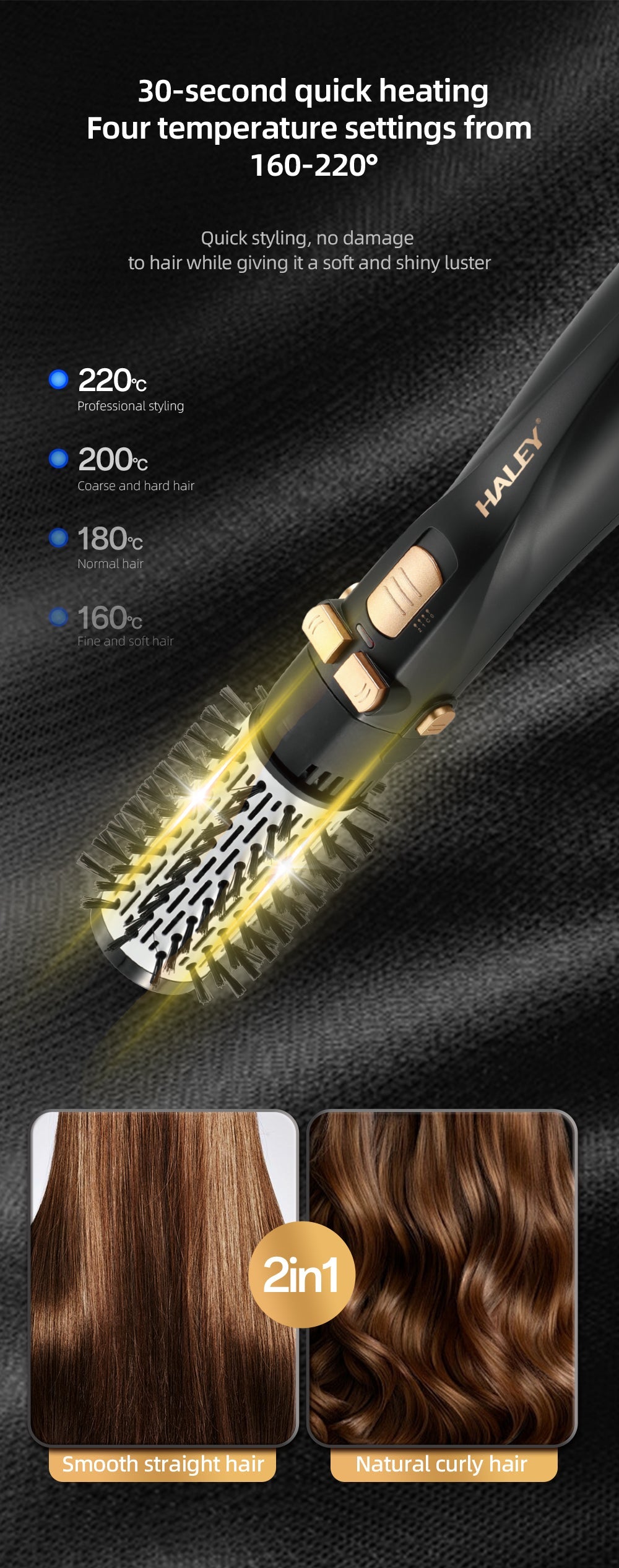 Perie Rotativă cu Uscător HALEY 6 în 1, 1200W, Capete Interșchimbabile, 3 Trepte, Încălzire Rapidă, Protecție Păr, Design Negru